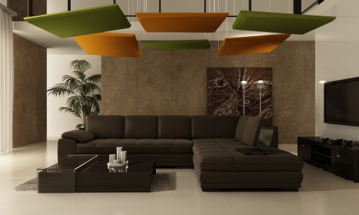 Пример применения Акустическая подвесная звукопоглощающая панель Ecosound Quadro Acoustic Wave Black. 50мм 1х1м Цвет чёрный графит